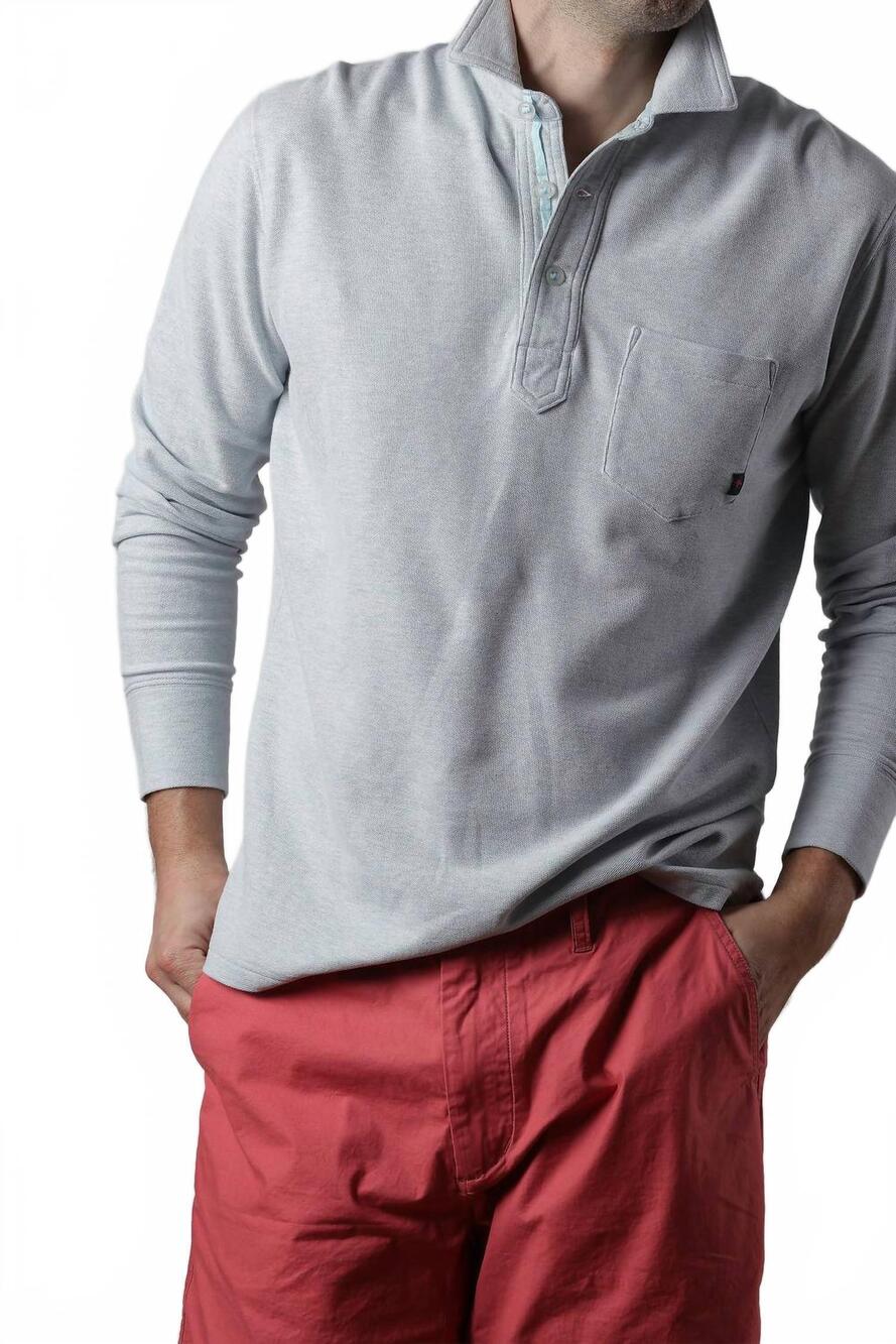NEW RELWEN long sleeve vintage pique polo in pale blue heather